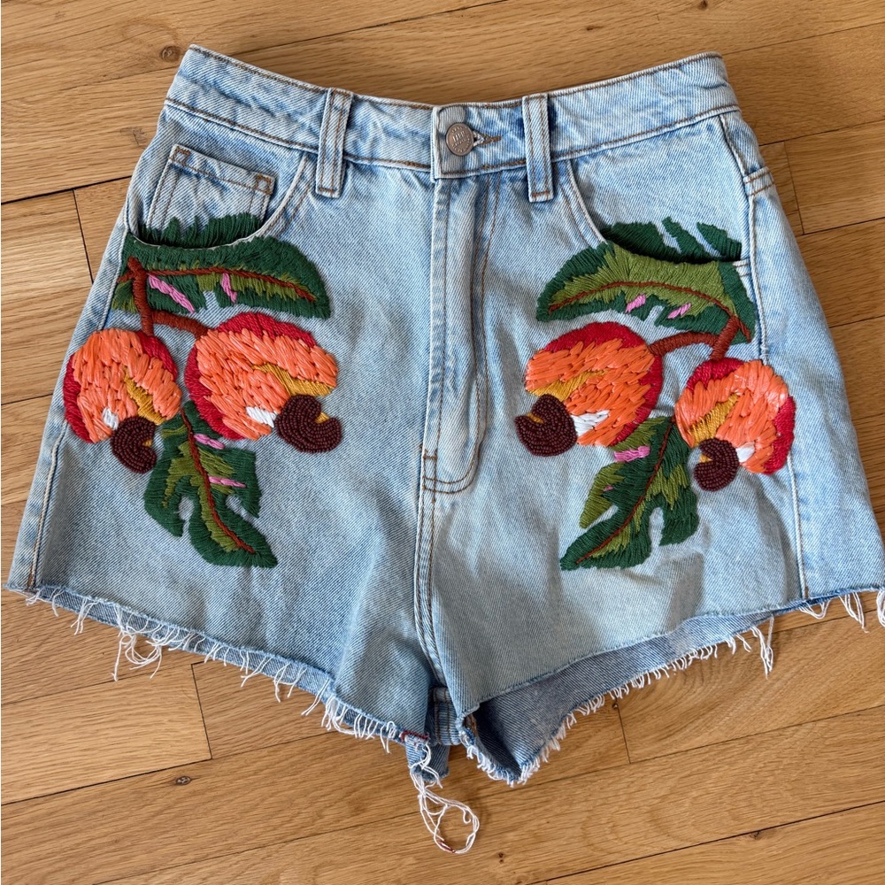 FARM Rio Blue and Orange Jean Shorts with Floral Embroidery